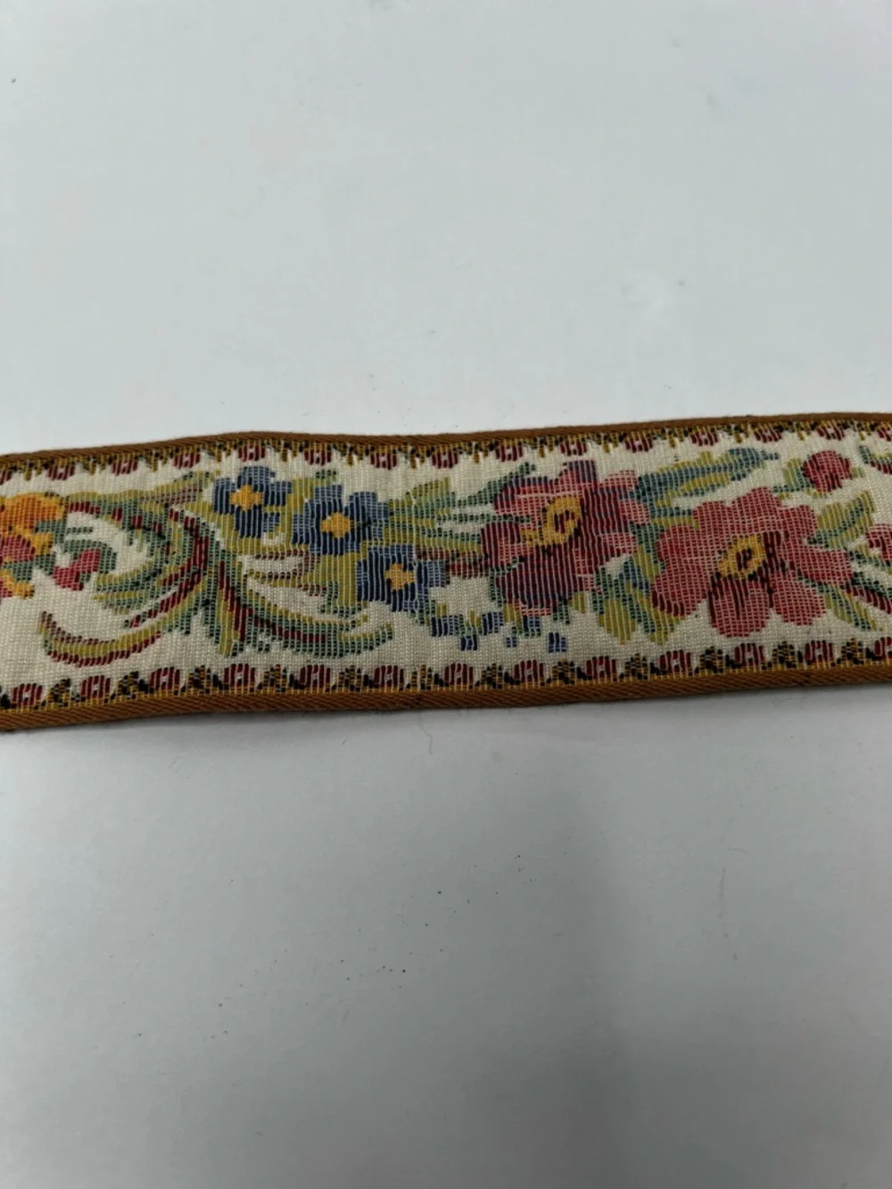Vintage Tapestry Belt Mosaic Shell Buckle Floral Maroon Cream Grandmacore Boho